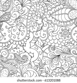 Tracery seamless pattern. Mehndi design. Ethnic monochrome binary doodle texture. Curved doodling black and white background. Vector