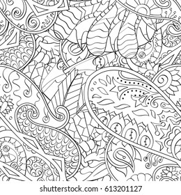 Tracery seamless pattern. Mehndi design. Ethnic monochrome binary doodle texture. Curved doodling black and white background. Vector
