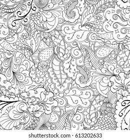 Tracery seamless pattern. Mehndi design. Ethnic monochrome binary doodle texture. Curved doodling black and white background. Vector