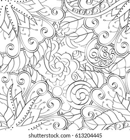 Tracery seamless pattern. Mehndi design. Ethnic monochrome binary doodle texture. Curved doodling black and white background. Vector