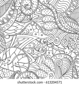 Tracery seamless pattern. Mehndi design. Ethnic monochrome binary doodle texture. Curved doodling black and white background. Vector