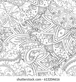 Tracery seamless pattern. Mehndi design. Ethnic monochrome binary doodle texture. Curved doodling black and white background. Vector