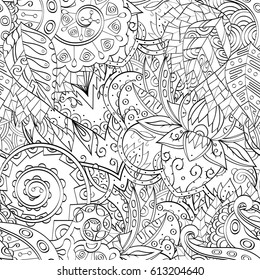 Tracery seamless pattern. Mehndi design. Ethnic monochrome binary doodle texture. Curved doodling black and white background. Vector