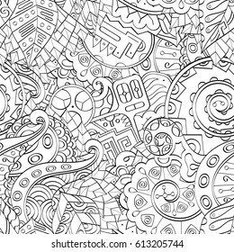 Tracery seamless pattern. Mehndi design. Ethnic monochrome binary doodle texture. Curved doodling black and white background. Vector