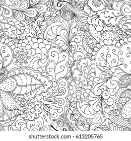 Tracery seamless pattern. Mehndi design. Ethnic monochrome binary doodle texture. Curved doodling black and white background. Vector