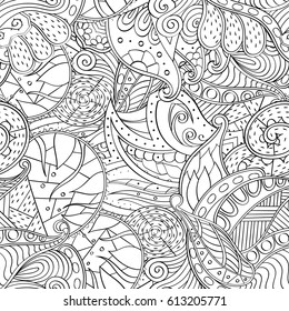 Tracery seamless pattern. Mehndi design. Ethnic monochrome binary doodle texture. Curved doodling black and white background. Vector