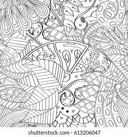 Tracery seamless pattern. Mehndi design. Ethnic monochrome binary doodle texture. Curved doodling black and white background. Vector