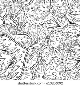 Tracery seamless pattern. Mehndi design. Ethnic monochrome binary doodle texture. Curved doodling black and white background. Vector