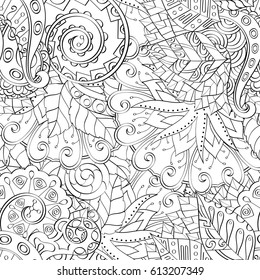Tracery seamless pattern. Mehndi design. Ethnic monochrome binary doodle texture. Curved doodling black and white background. Vector