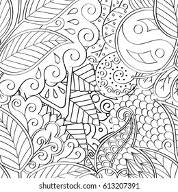 Tracery seamless pattern. Mehndi design. Ethnic monochrome binary doodle texture. Curved doodling black and white background. Vector
