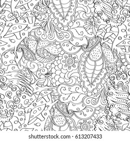 Tracery seamless pattern. Mehndi design. Ethnic monochrome binary doodle texture. Curved doodling black and white background. Vector