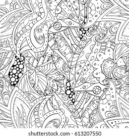 Tracery seamless pattern. Mehndi design. Ethnic monochrome binary doodle texture. Curved doodling black and white background. Vector