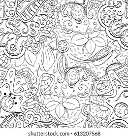 Tracery seamless pattern. Mehndi design. Ethnic monochrome binary doodle texture. Curved doodling black and white background. Vector
