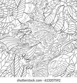 Tracery seamless pattern. Mehndi design. Ethnic monochrome binary doodle texture. Curved doodling black and white background. Vector