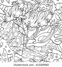 Tracery seamless pattern. Mehndi design. Ethnic monochrome binary doodle texture. Curved doodling black and white background. Vector