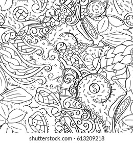 Tracery seamless pattern. Mehndi design. Ethnic monochrome binary doodle texture. Curved doodling black and white background. Vector