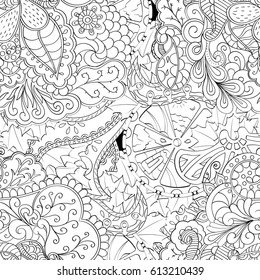 Tracery seamless pattern. Mehndi design. Ethnic monochrome binary doodle texture. Curved doodling black and white background. Vector