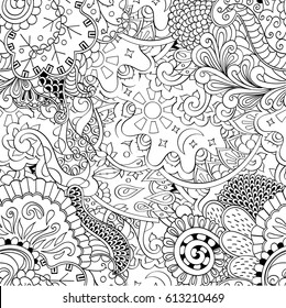 Tracery seamless pattern. Mehndi design. Ethnic monochrome binary doodle texture. Curved doodling black and white background. Vector
