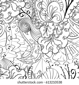 Tracery seamless pattern. Mehndi design. Ethnic monochrome binary doodle texture. Curved doodling black and white background. Vector