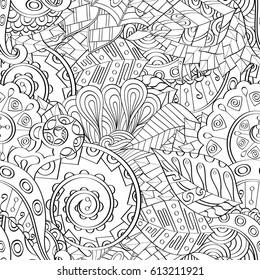 Tracery seamless pattern. Mehndi design. Ethnic monochrome binary doodle texture. Curved doodling black and white background. Vector