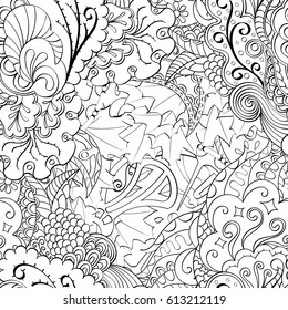 Tracery seamless pattern. Mehndi design. Ethnic monochrome binary doodle texture. Curved doodling black and white background. Vector