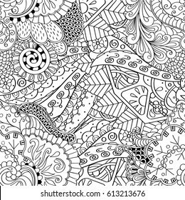 Tracery seamless pattern. Mehndi design. Ethnic monochrome binary doodle texture. Curved doodling black and white background. Vector