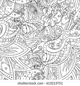 Tracery seamless pattern. Mehndi design. Ethnic monochrome binary doodle texture. Curved doodling black and white background. Vector
