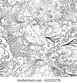 Tracery seamless pattern. Mehndi design. Ethnic monochrome binary doodle texture. Curved doodling black and white background. Vector