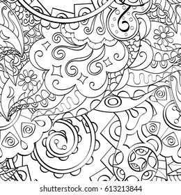 Tracery seamless pattern. Mehndi design. Ethnic monochrome binary doodle texture. Curved doodling black and white background. Vector