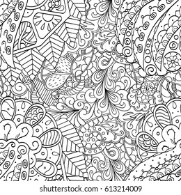 Tracery seamless pattern. Mehndi design. Ethnic monochrome binary doodle texture. Curved doodling black and white background. Vector