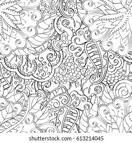 Tracery seamless pattern. Mehndi design. Ethnic monochrome binary doodle texture. Curved doodling black and white background. Vector