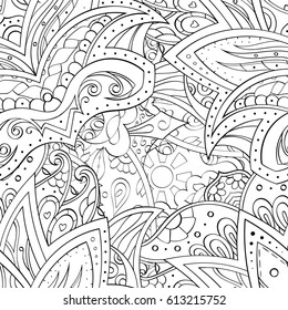 Tracery seamless pattern. Mehndi design. Ethnic monochrome binary doodle texture. Curved doodling black and white background. Vector