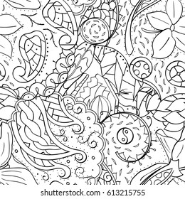 Tracery seamless pattern. Mehndi design. Ethnic monochrome binary doodle texture. Curved doodling black and white background. Vector