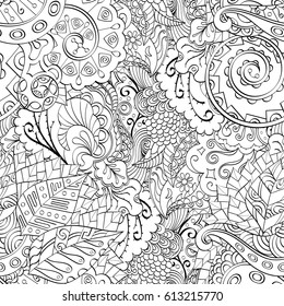 Tracery seamless pattern. Mehndi design. Ethnic monochrome binary doodle texture. Curved doodling black and white background. Vector