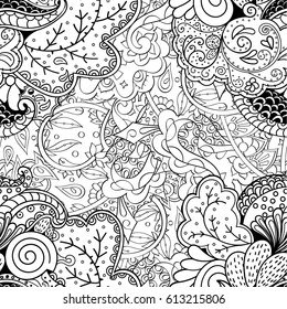 Tracery seamless pattern. Mehndi design. Ethnic monochrome binary doodle texture. Curved doodling black and white background. Vector