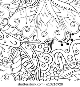 Tracery seamless pattern. Mehndi design. Ethnic monochrome binary doodle texture. Curved doodling black and white background. Vector