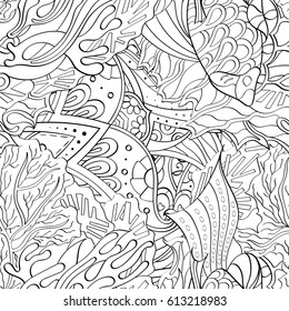 Tracery seamless pattern. Mehndi design. Ethnic monochrome binary doodle texture. Curved doodling black and white background. Vector