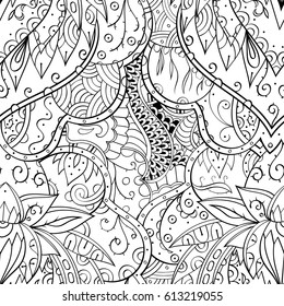 Tracery seamless pattern. Mehndi design. Ethnic monochrome binary doodle texture. Curved doodling black and white background. Vector