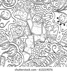Tracery seamless pattern. Mehndi design. Ethnic monochrome binary doodle texture. Curved doodling black and white background. Vector