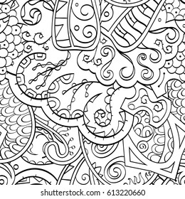 Tracery seamless pattern. Mehndi design. Ethnic monochrome binary doodle texture. Curved doodling black and white background. Vector