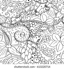 Tracery seamless pattern. Mehndi design. Ethnic monochrome binary doodle texture. Curved doodling black and white background. Vector