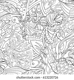 Tracery seamless pattern. Mehndi design. Ethnic monochrome binary doodle texture. Curved doodling black and white background. Vector