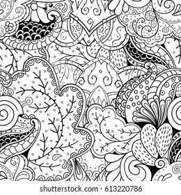 Tracery seamless pattern. Mehndi design. Ethnic monochrome binary doodle texture. Curved doodling black and white background. Vector