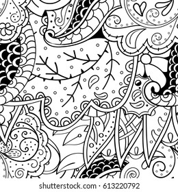 Tracery seamless pattern. Mehndi design. Ethnic monochrome binary doodle texture. Curved doodling black and white background. Vector
