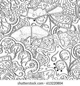 Tracery seamless pattern. Mehndi design. Ethnic monochrome binary doodle texture. Curved doodling black and white background. Vector