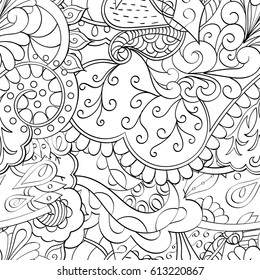Tracery seamless pattern. Mehndi design. Ethnic monochrome binary doodle texture. Curved doodling black and white background. Vector