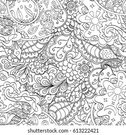 Tracery seamless pattern. Mehndi design. Ethnic monochrome binary doodle texture. Curved doodling black and white background. Vector
