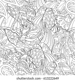 Tracery seamless pattern. Mehndi design. Ethnic monochrome binary doodle texture. Curved doodling black and white background. Vector