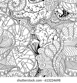Tracery seamless pattern. Mehndi design. Ethnic monochrome binary doodle texture. Curved doodling black and white background. Vector