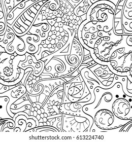 Tracery seamless pattern. Mehndi design. Ethnic monochrome binary doodle texture. Curved doodling black and white background. Vector